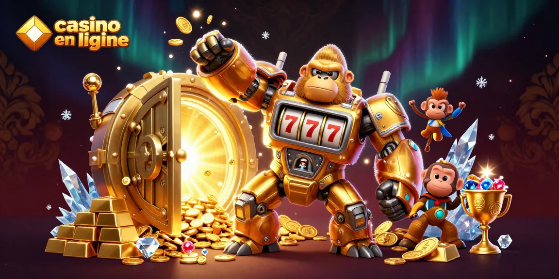 Profitant des jackpots au casino en ligne avec un gorilla mech doré et des trésors scintillants.