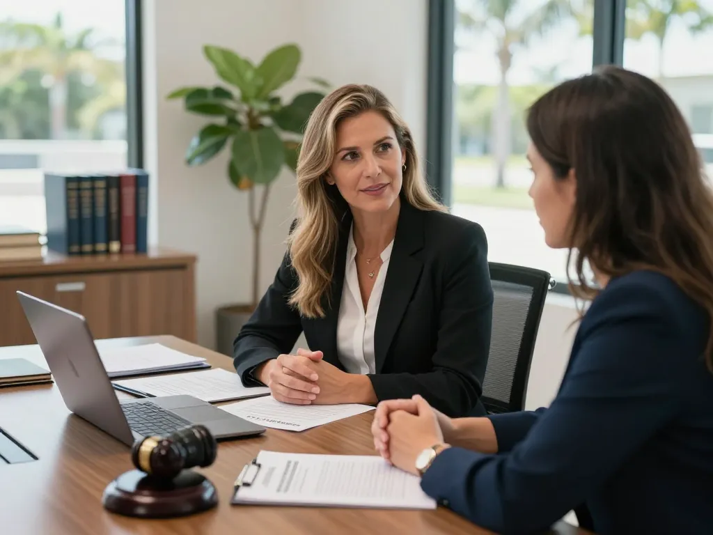 Palm Harbor Divorce Lawyer Shelly Beach consulting with a client in a modern legal office.