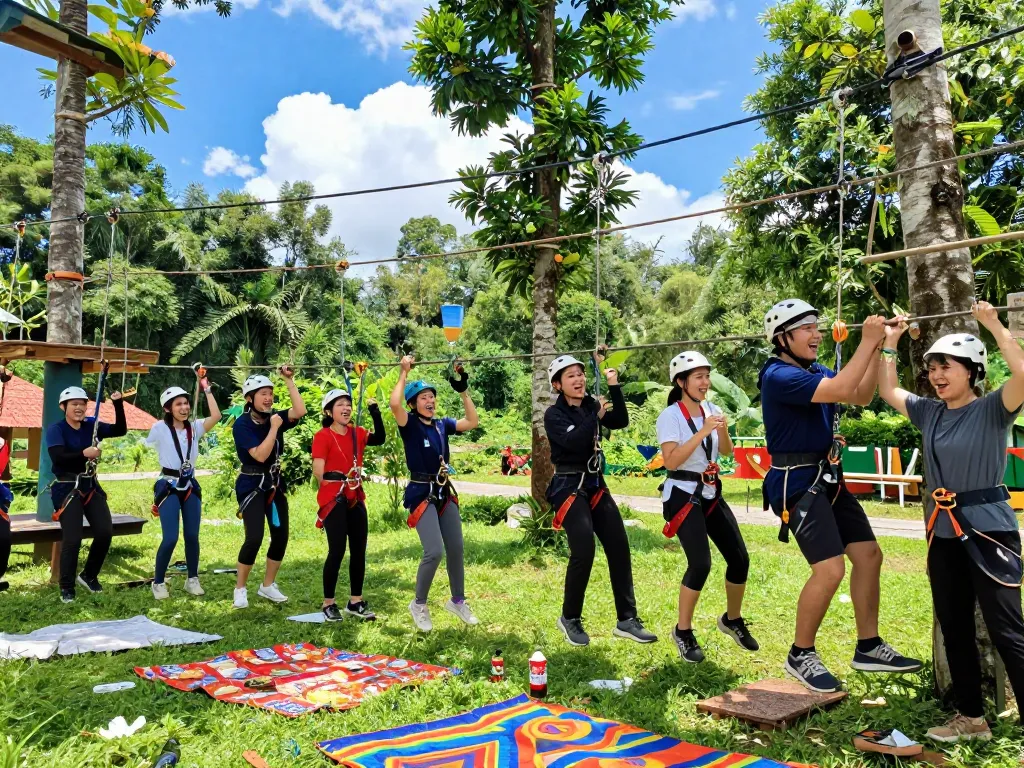 Kelompok menikmati kegiatan outbound jogja membangun tim di lokasi hijau yang indah.