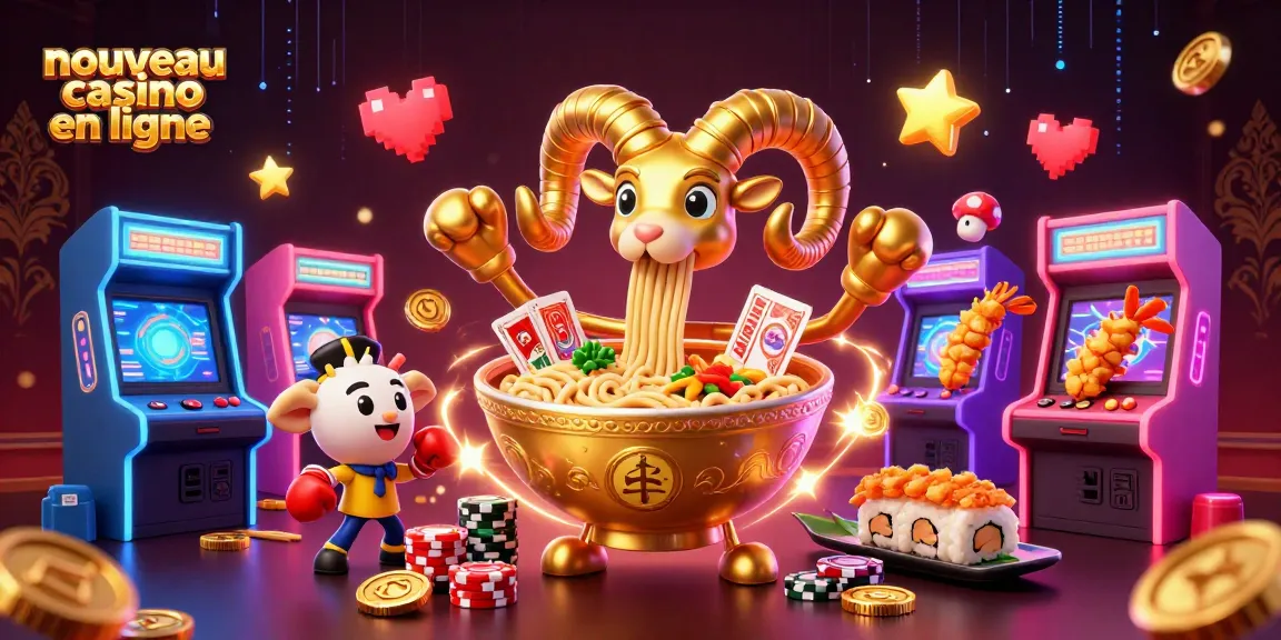 Visuel dynamique d'un nouveau casino en ligne avec un bol de ramen géant et des personnages d'animations promouvant des jeux d'argent.