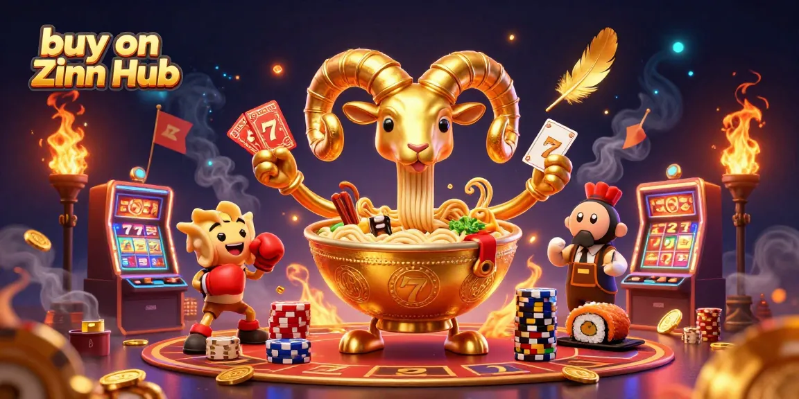 Experience thrilling wins while you buy on Zinn Hub, featuring a vibrant casino scene with a golden ramen bowl dealer.
