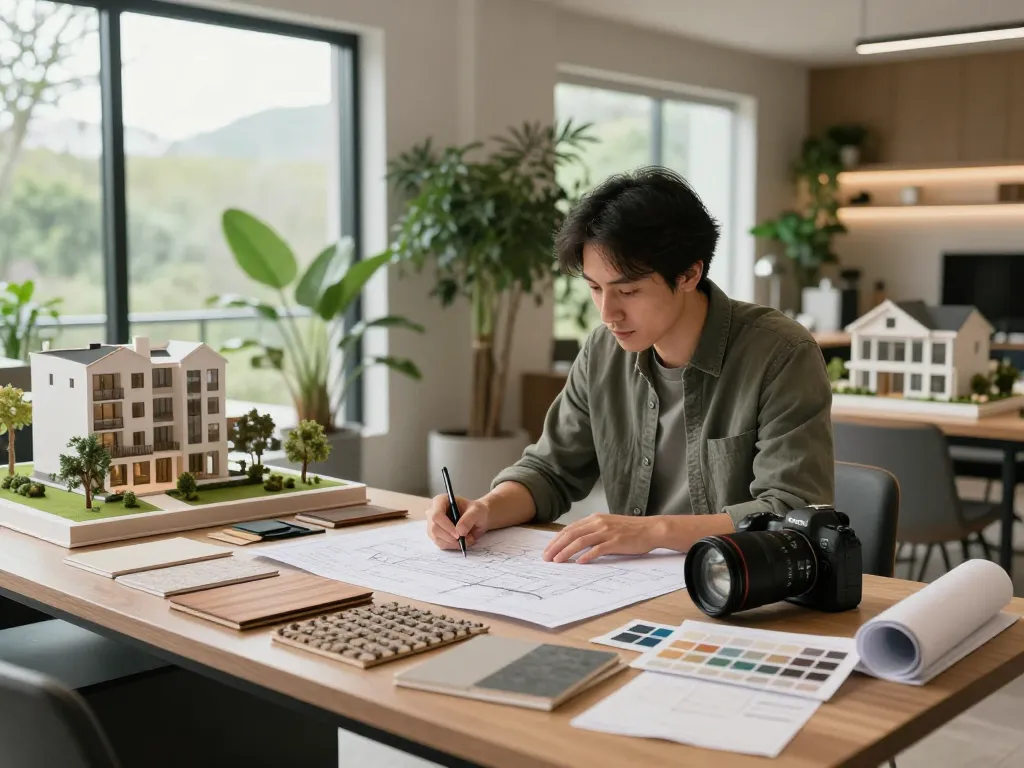 ออกแบบบ้าน with a designer reviewing blueprints in a stylish workshop filled with materials.