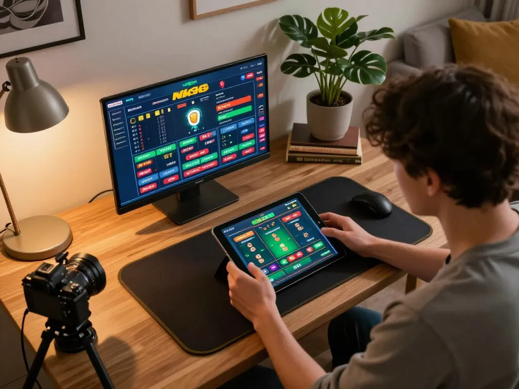 Navigating sports betting options on Nk88, showcasing a cozy home setup and engaging screen display.