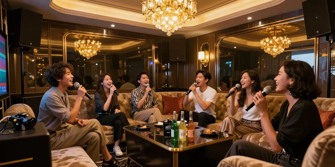 강남가라오케에서 친구들과 즐거운 노래 시간을 보내는 고급스럽고 세련된 실내 분위기