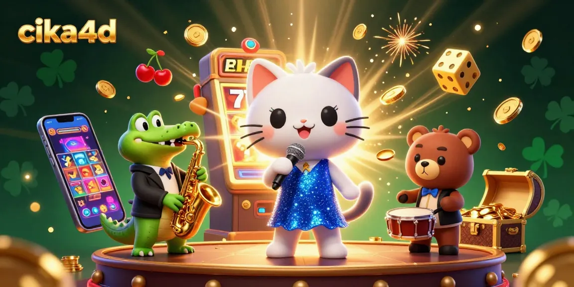 Cika4d showcases a lively 3D casino scene with musical characters and vibrant slot machine action.