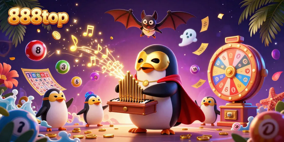 Join the fun at 888top as a penguin organist unleashes golden coins amidst vibrant casino excitement.