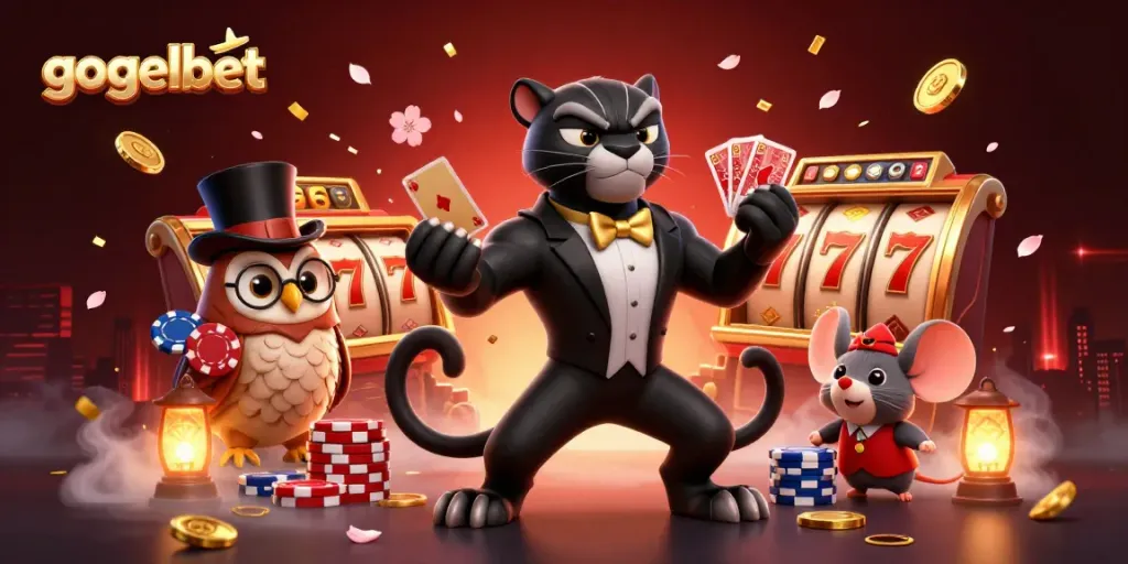 Gogelbet menghadirkan suasana kasino dengan panther elegan dan simbol keberuntungan berputar.