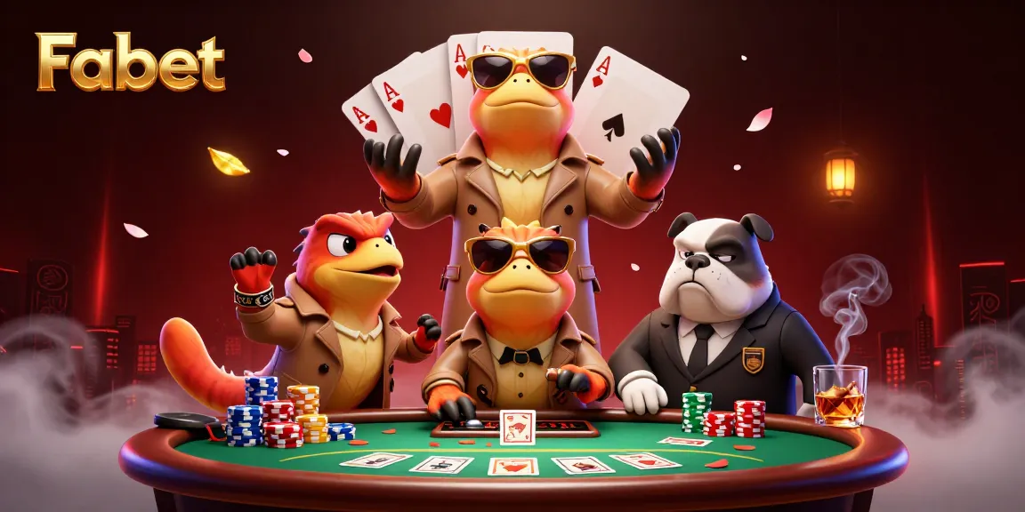 Fabet showcases raptors trying to enter a VIP casino, surrounded by poker elements.