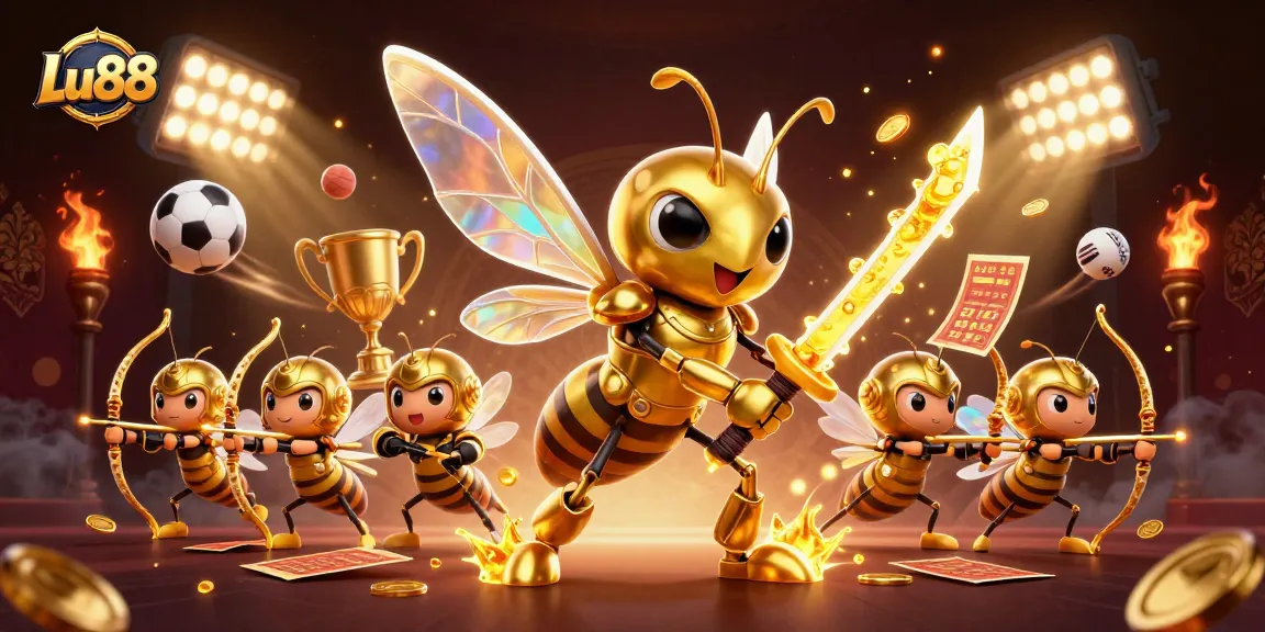 Lu88 showcases a vibrant 3D casino scene with a golden hornet samurai and sports betting action.