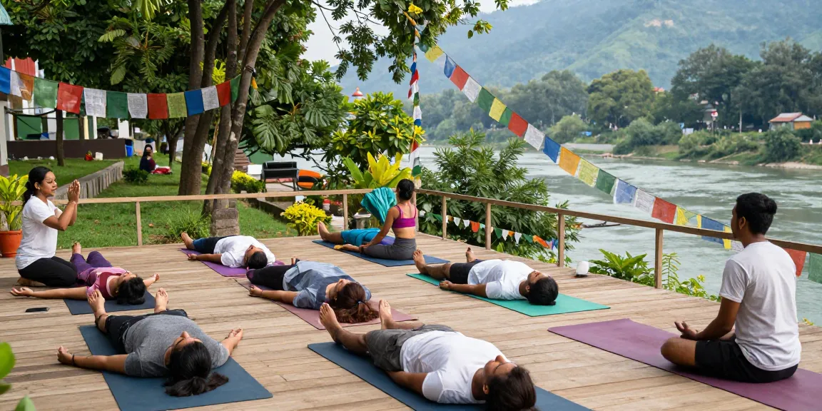 Yoga teacher training in Rishikesh India with students practicing in a serene natural setting.