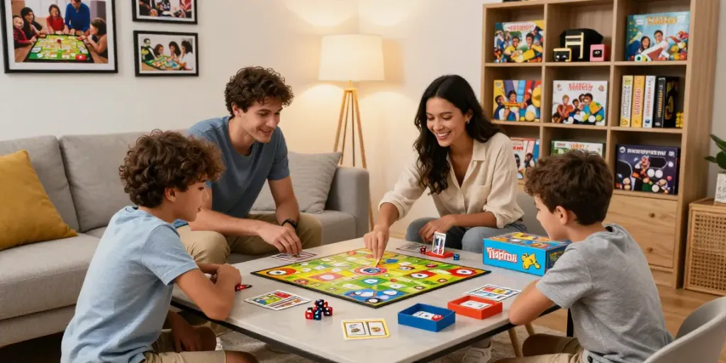 Cialis at a lively family game night, showcasing engaging board games and joyful interactions.