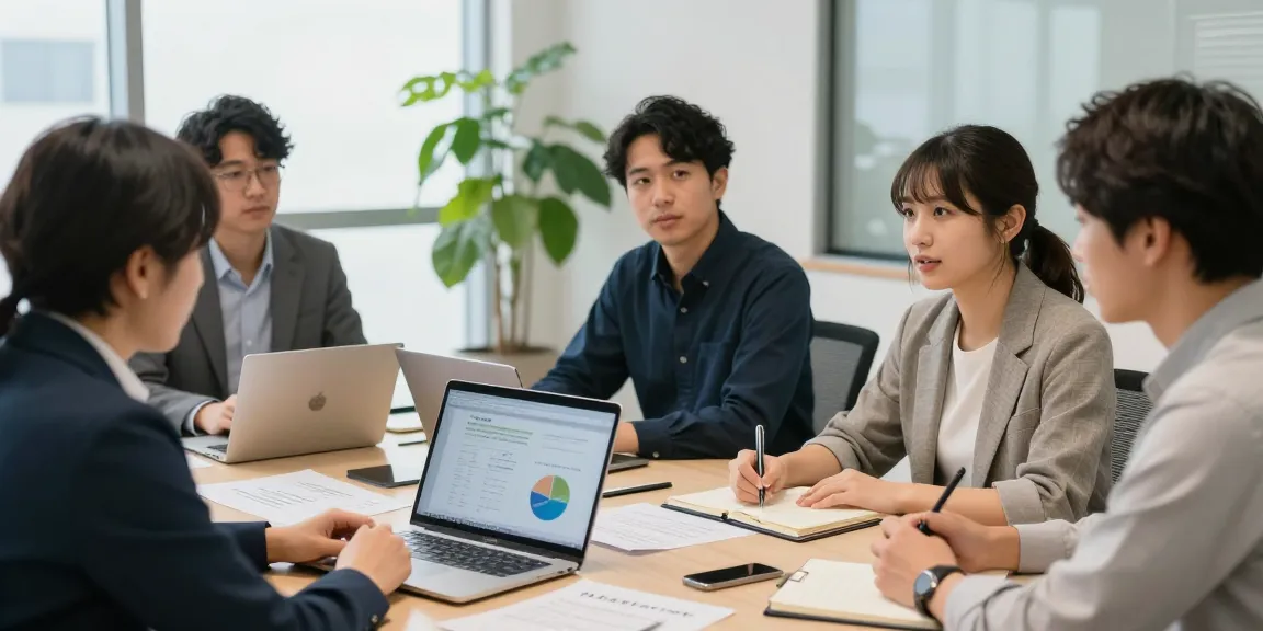 現代的なコンサルティングミーティングでの、みん社保の利点について話し合うチーム。