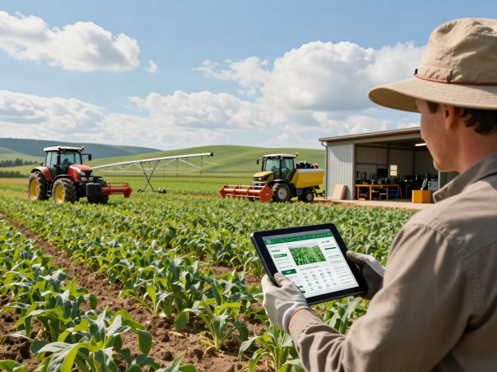 Agriculture Equipment Financing Brisbane: Farmer reviewing crops with modern equipment overview.