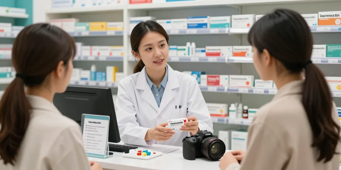 Ivermectin dosage for humans guidance in a pharmacy with a pharmacist assisting a customer.