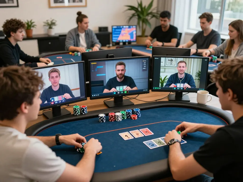 Online poker gameplay on gamebaidoithuong8, showcasing players' strategies and bets in a colorful setup