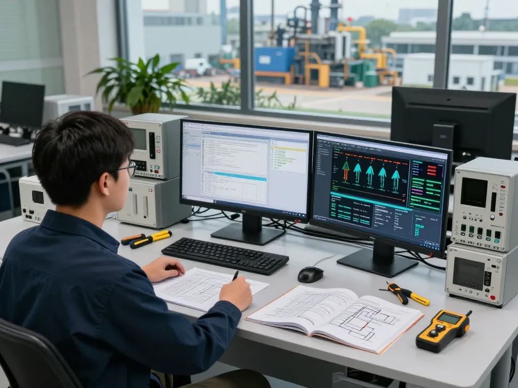 Engineer at Hải Phòng Tech workspace with automation technology and sensors, showcasing technical expertise.