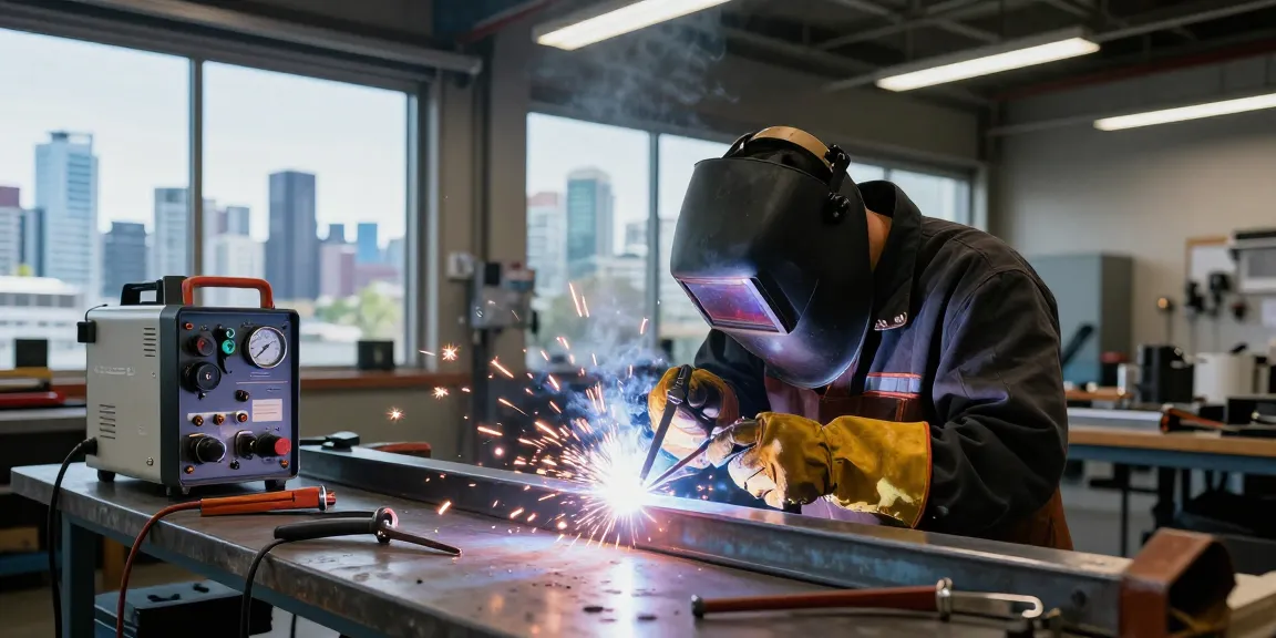 Welding in Vancouver – skilled welder performing MIG welding in a vibrant workshop.