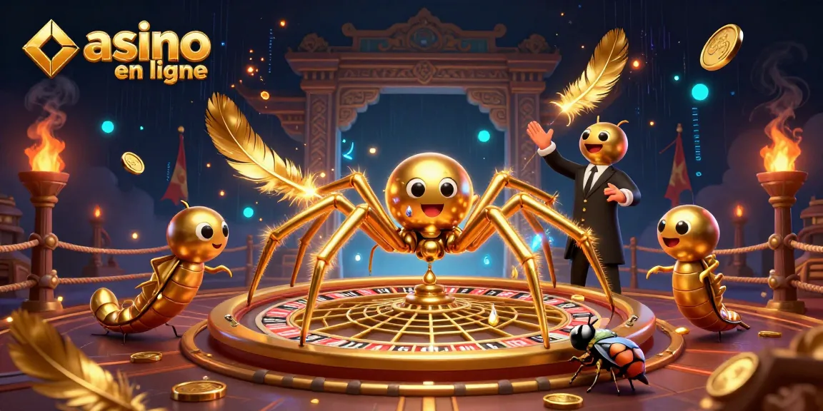 Casino en ligne avec une araignée dorée tissant une toile en forme de roulette et un croupier centipède.