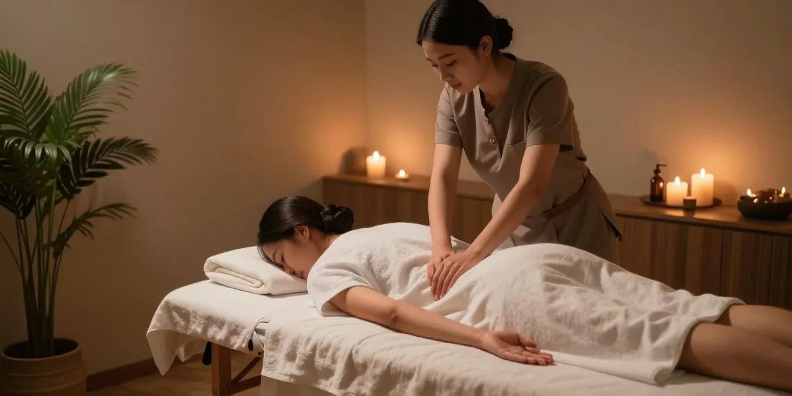 편안한 분위기의 1인샵 마사지 테라피 장면, 아로마 오일과 촛불이 어우러져 힐링하는 공간