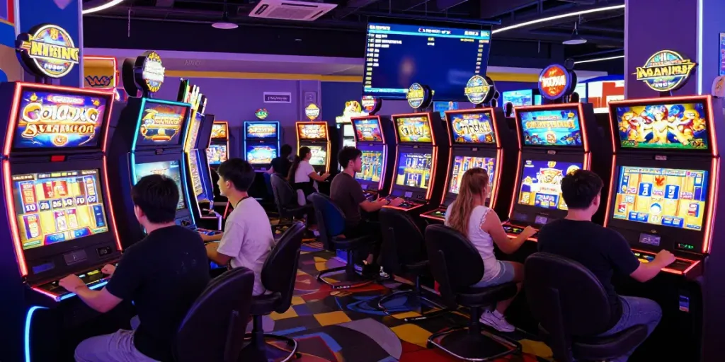 Permainan slot777 yang seru dengan pemain bersemangat di arena game modern.