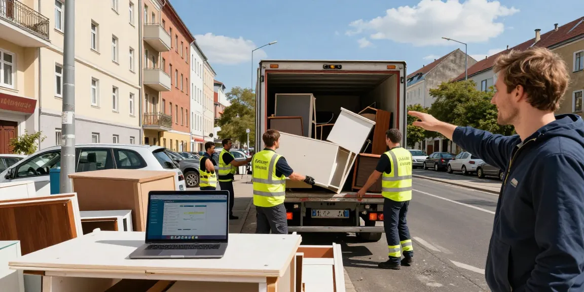 Sperrmüllabholung 80 Euro Berlin team efficiently loading bulky furniture in urban setting.