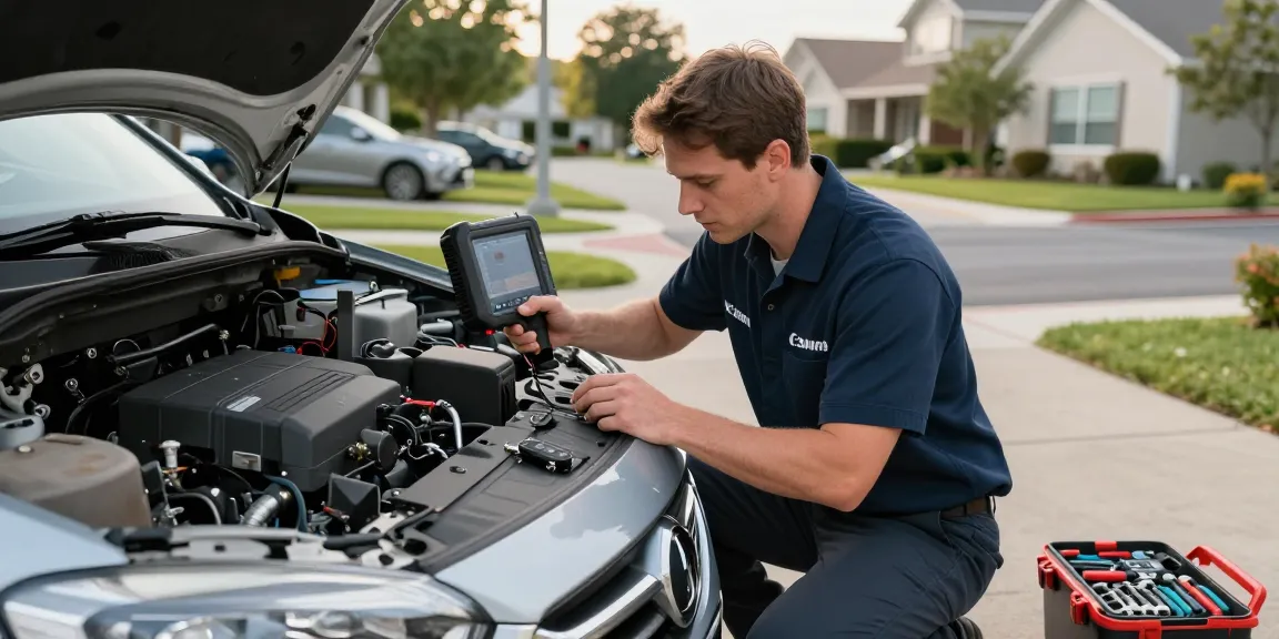 Autosleutel kwijt service by a skilled locksmith technician at a car's ignition system in a suburban driveway