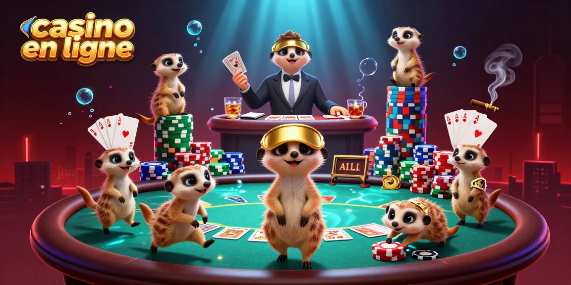 Des meerkats gèrent un casino en ligne, entourés de jetons de poker et de cartes.