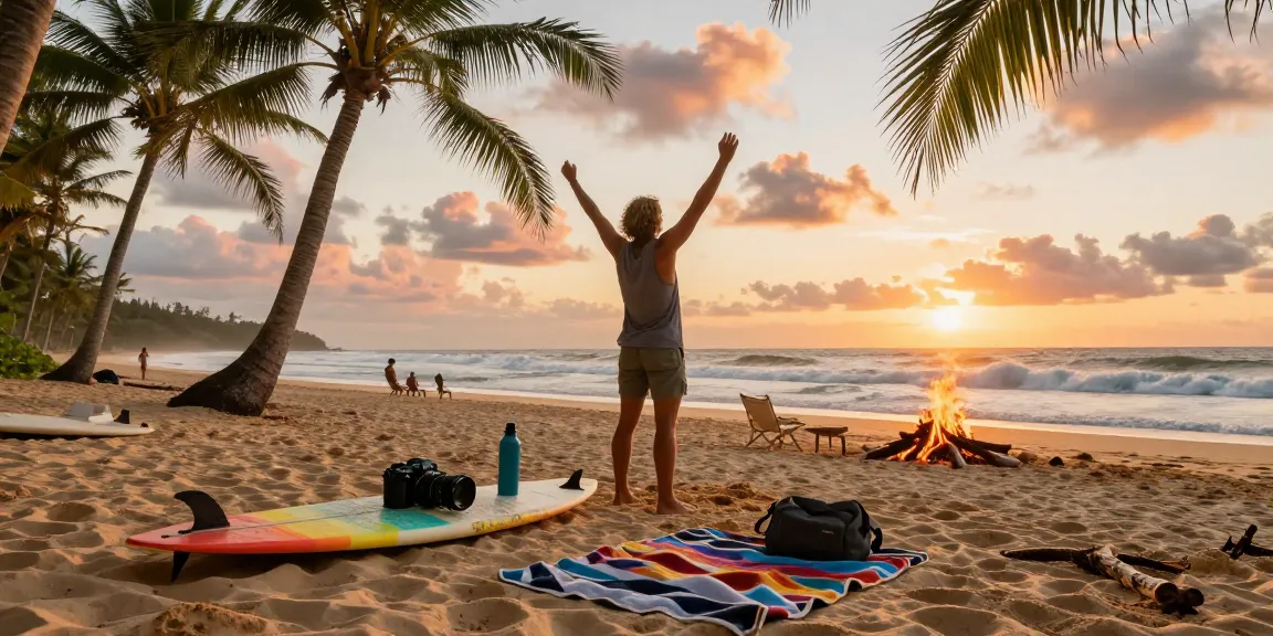 Adventurer celebrating at the beach with NAGA2000 surfboard during sunset.