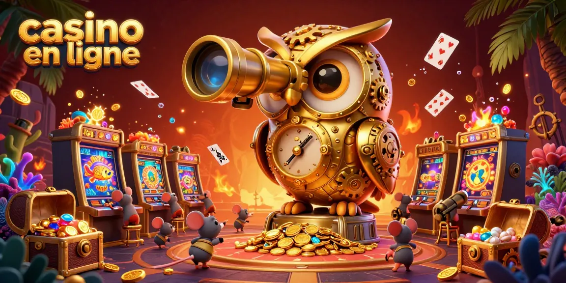 Activer des rouleaux dans un casino en ligne animé avec un hibou steampunk et des souris, trésor d'or.