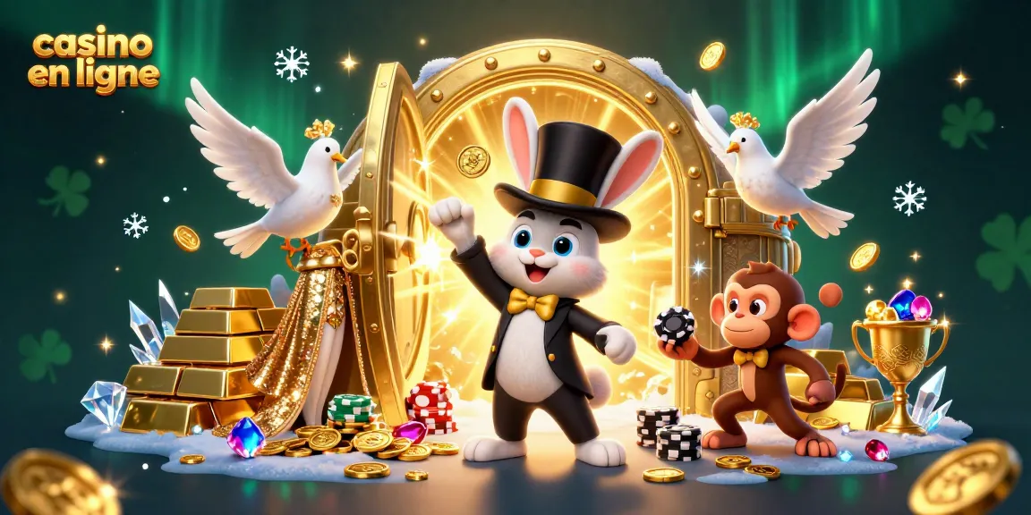 Illustration dynamique de casino en ligne avec un lapin magicien, une colombe glamour et un singe voleur.