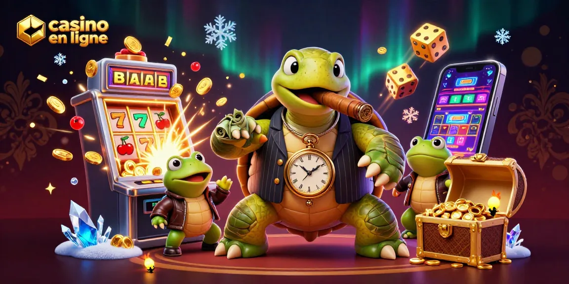 Visualisez un casino en ligne animé avec une tortue en costume alors qu'elle gagne des jackpots.