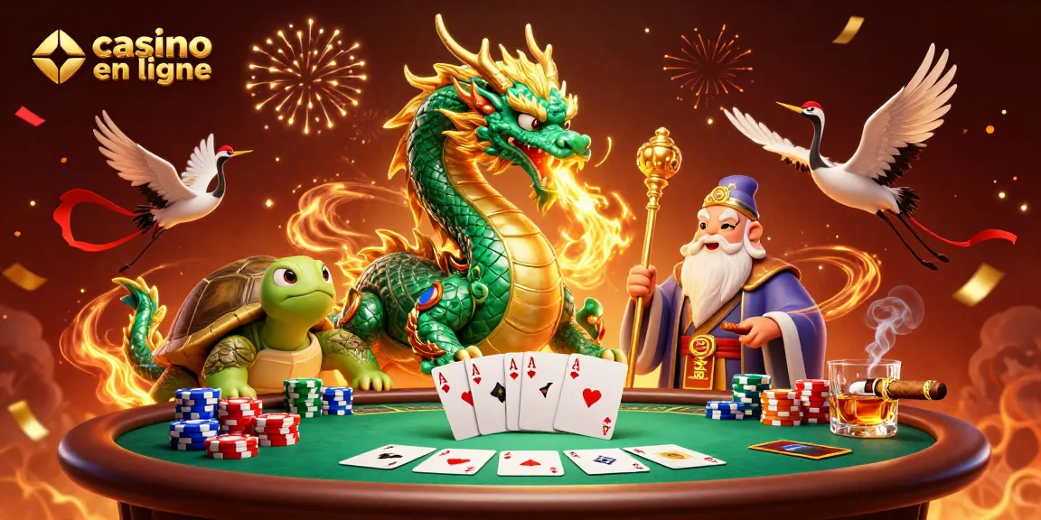 Illustration captivante de casino en ligne avec dragon et sagesse sur une table de poker.