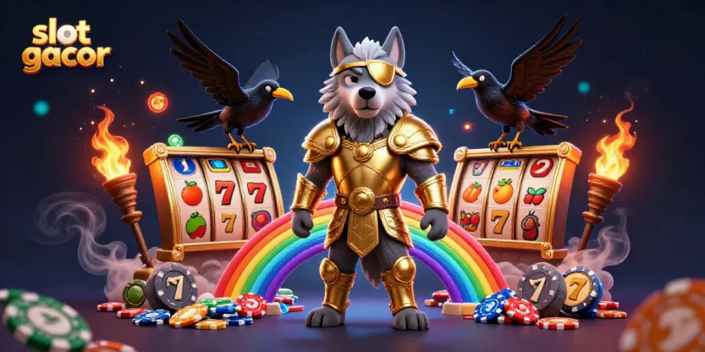 Experience thrilling gameplay in slot gacor with a dynamic illustration of mythological characters amidst casinos.
