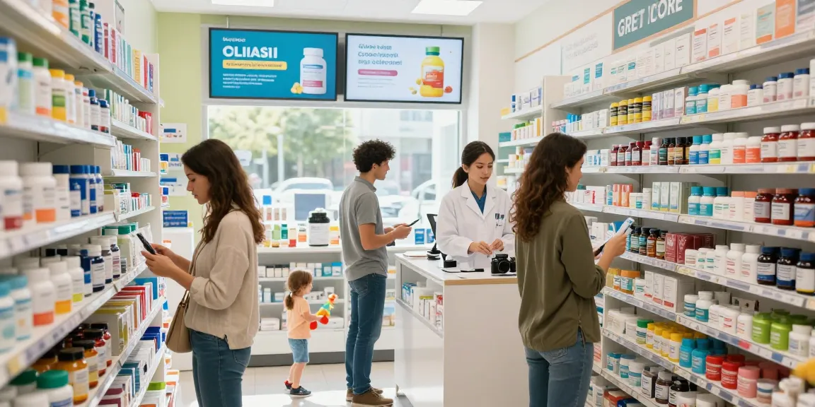 Unique Pharma Shop mit Kunden, die hochwertige Gesundheitsprodukte durchstöbern und Beratung erhalten.