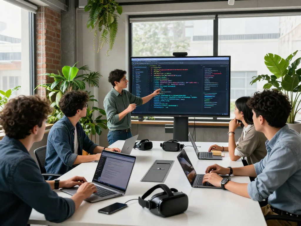 Team of developers engaging with bro138 technology in a modern office setting