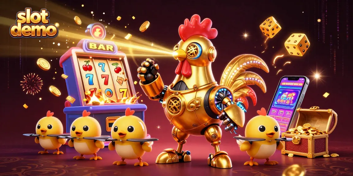 Gacor123 menawarkan slot demo dengan ilustrasi robot ayam emas dan mesin slot yang memukau.