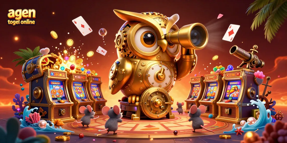 Engage with agen togel online amidst a dynamic casino scene featuring a golden owl and treasures.