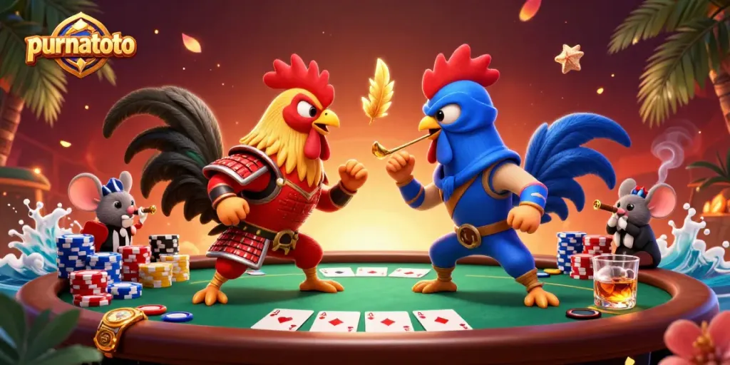 Melawan pertarungan dramatis purnatoto antara dua ayam kartun, satu mengenakan baju zirah samurai merah dan satu lagi ninja biru dengan kostum penuh warna.