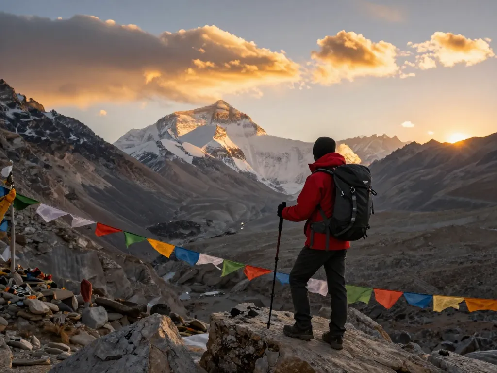 Everest Base Camp Trek traveler standing at sunset on Himalayan summit with breathtaking views.
