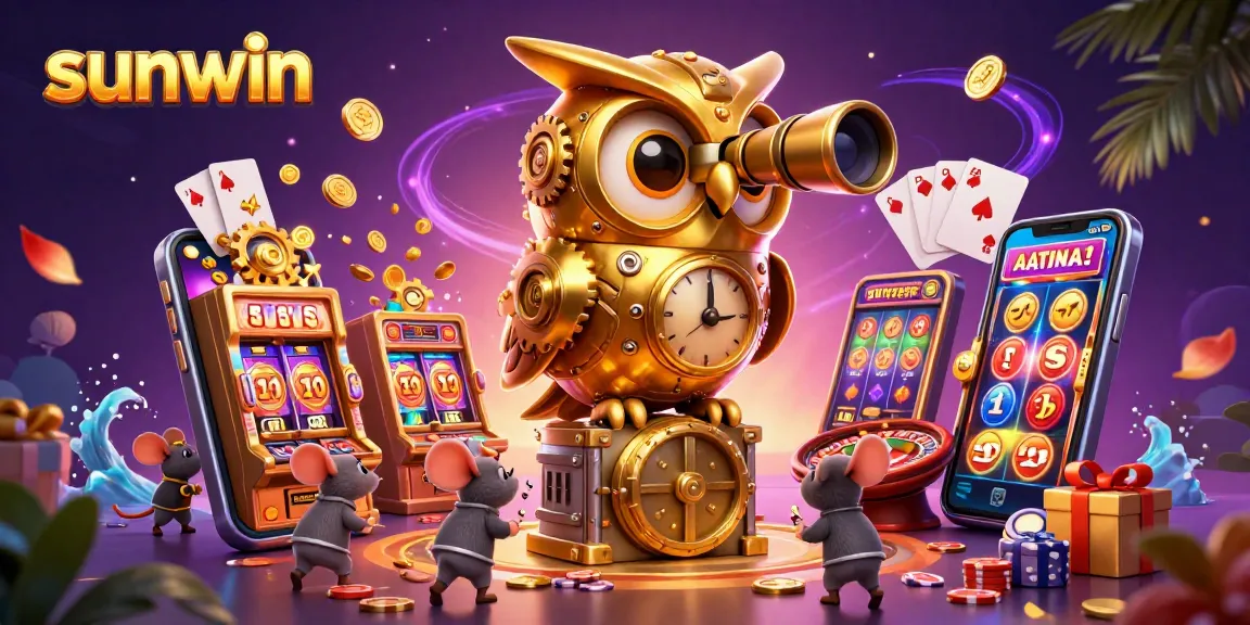 Spin to win with sunwin's vibrant casino scene featuring a golden owl and playful mice amidst dynamic slots.