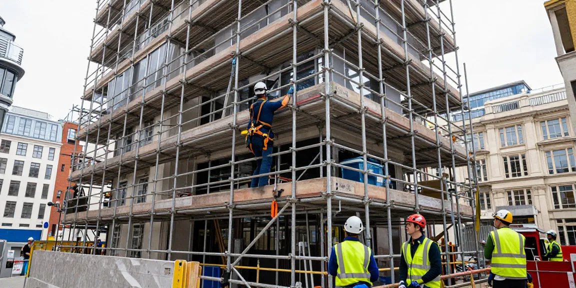 Commercial Scaffolding London in action as scaffolders expertly assemble structures in a bustling urban construction site.