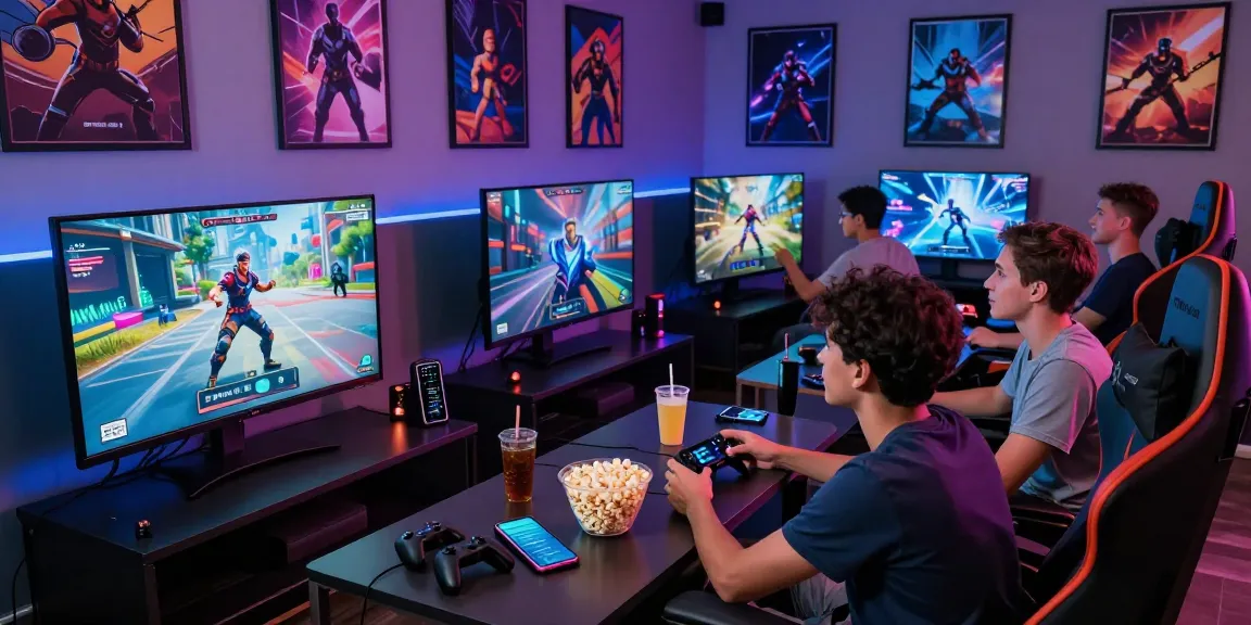 Engaged gamers enjoying indocair platform in a vibrant home setup with snacks and LED lights.