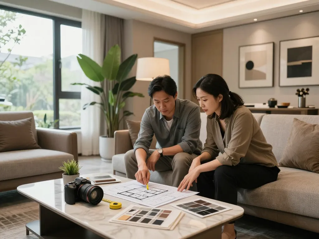 House Design consultation with homeowners in a modern living room setting, showcasing elegant interior styling.