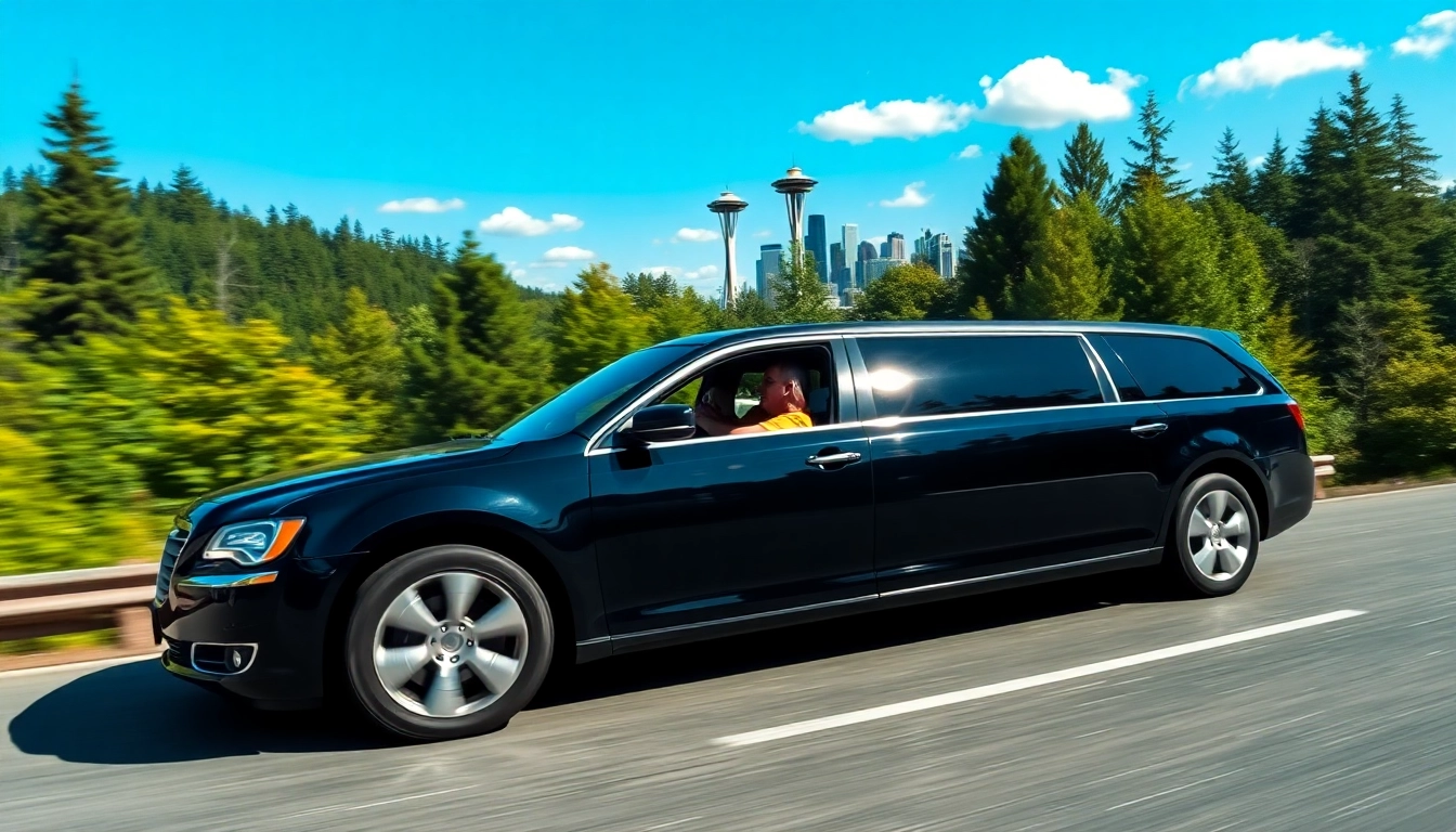 Limo service Vancouver to Seattle showcases a luxurious black limousine on a scenic route with stunning natural views.