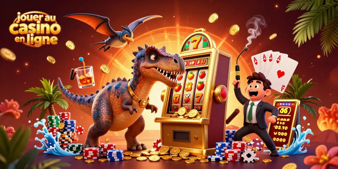 Jouer au casino en ligne avec des machines à sous et des personnages de dinosaures colorés qui interagissent pour gagner des pièces d'or.