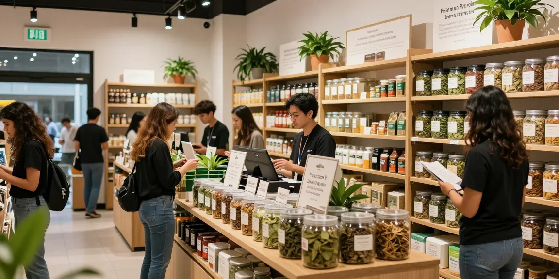 Kratom products displayed in a modern retail environment, showcasing variety and customer engagement.