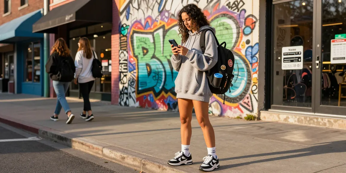 Influencer using Kakobuy spreadsheet in trendy streetwear attire against a vibrant urban backdrop.