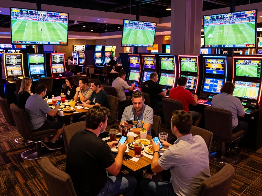 vaobet bettors engaging with live sports screens in an exciting casino lounge atmosphere