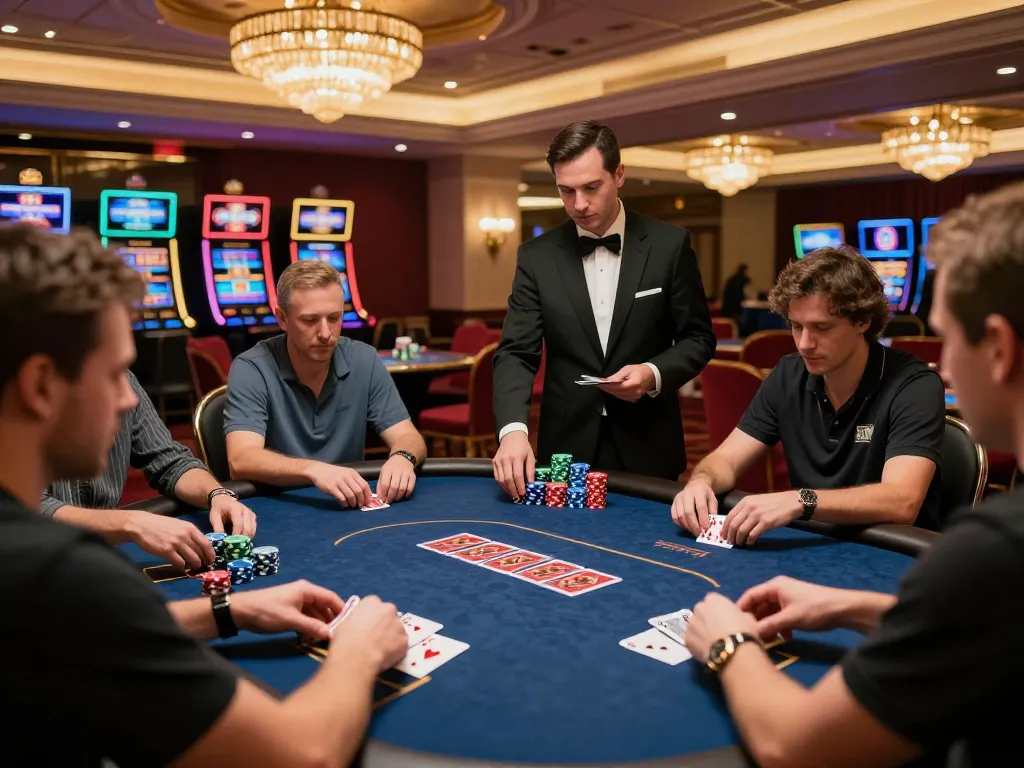 Play at nhà cái 388bet poker tables with dealers managing intense gameplay, showcasing glamorous casino vibe