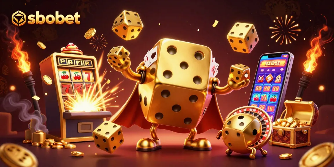 SBOBET sports betting illustration featuring a golden dice golem and jackpot explosion, showcasing real-time gaming excitement.